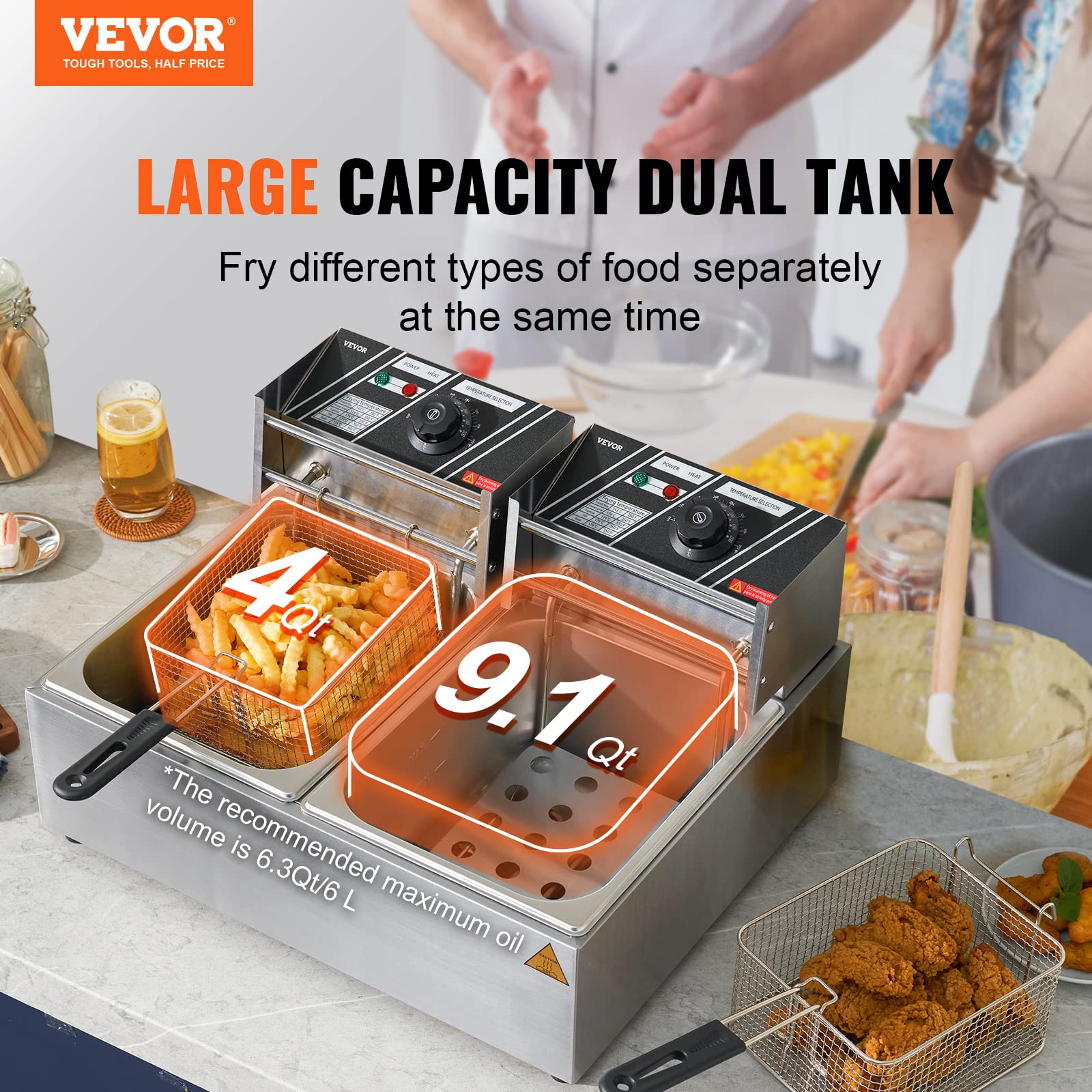 Vevor Electric Deep Fryer, 24L Large Capacity Countertop Fryer W/Dual Removable Basket, 3000W Stainless Steel Dual Deep Fryer Fo